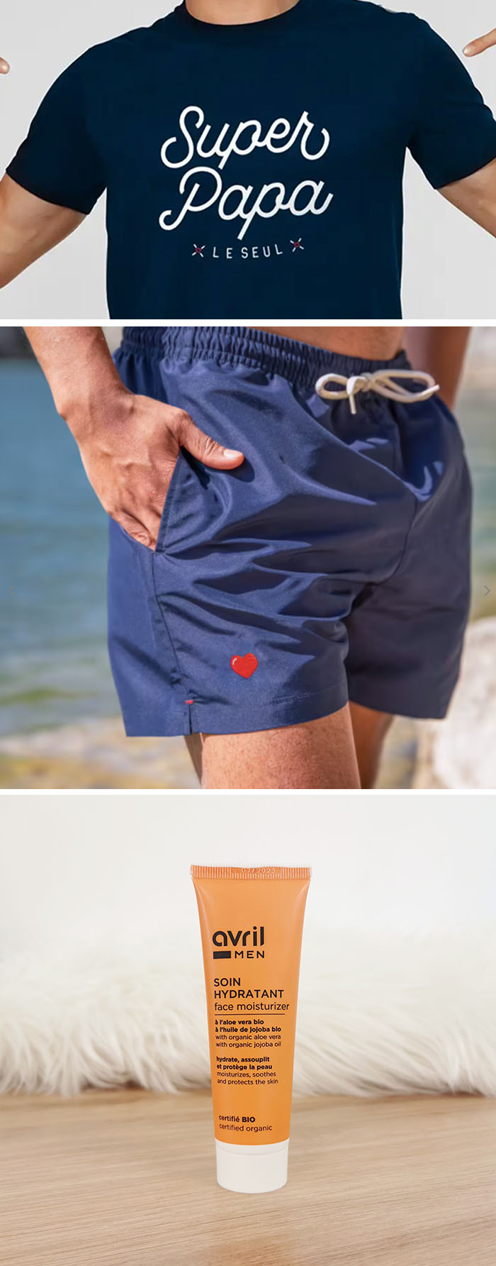 Joli short de bain recyclé et fabriqué en France pour le plus grand plaisir de ces messieurs :)
À ajouter dans sa Box Papa par exemple.
100 % coton, ce joli T-shirt Super Papa qu'il pourra arborer fièrement est le cadeau parfait à ajouter dans sa Box Papa.
Dispo en taille M uniquement. Créé à Paris, imprimé à Bordeaux !
